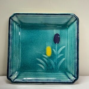Teal Blue Mugi Ceramic Trinket SoapTray Floral CatTails 4.5” Sq Vintage Japan